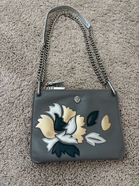 Gray Floral Appliqué Leather Shoulder Bag